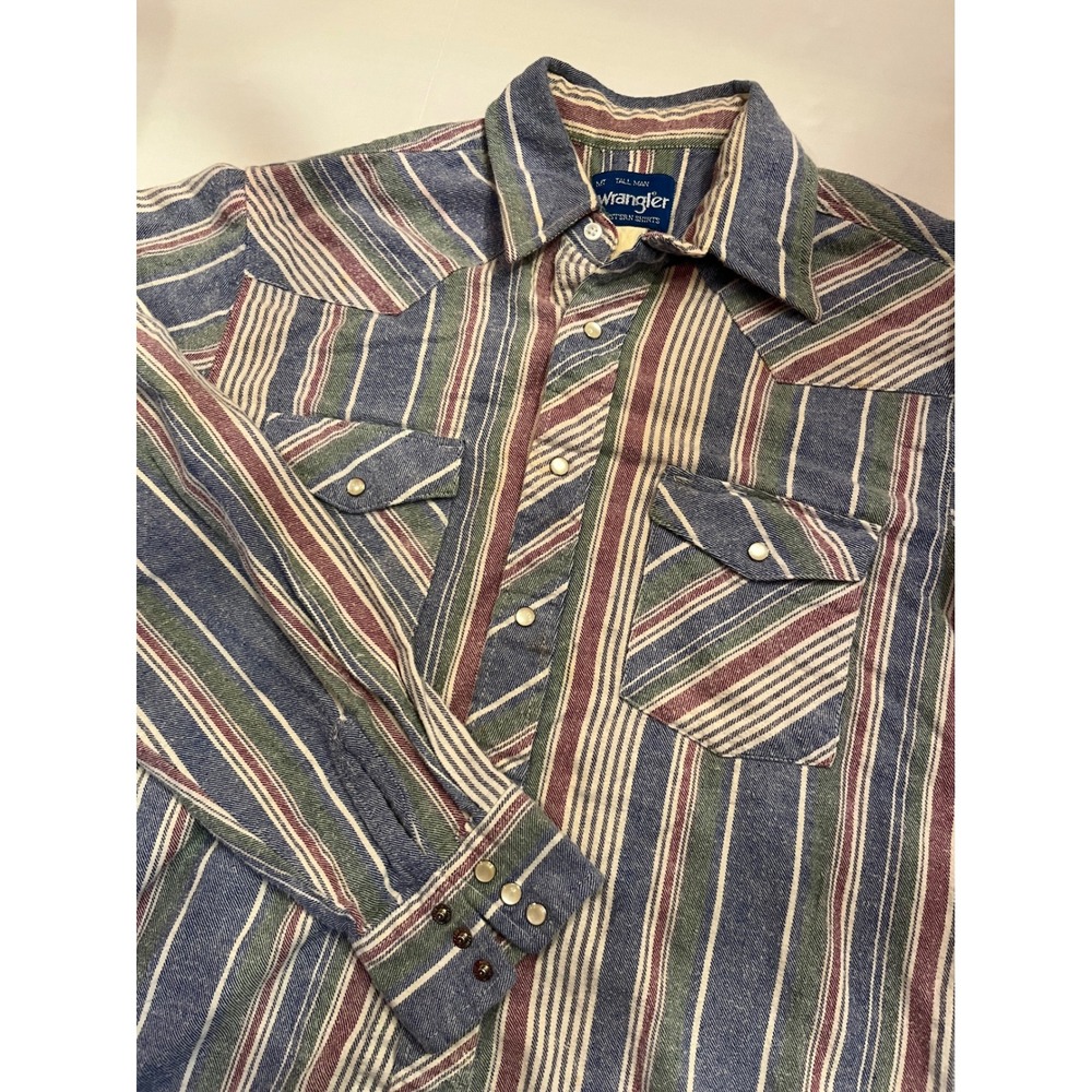 Wrangler Vintage Western Shirt Mens MT Medium Tall Blue Multi Stripe Pearl Snap